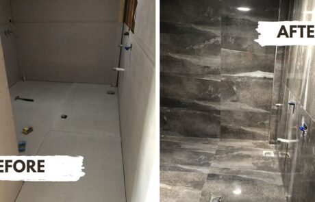 efore and after of a shower renovation project by Allspex Tiling in Mermaid Waters." Caption: "Shower transformation: A Mermaid Waters renovation story.