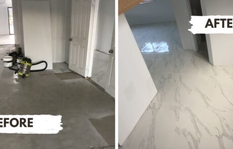 Before and after living room transformation with new tiling in Mermaid Waters.