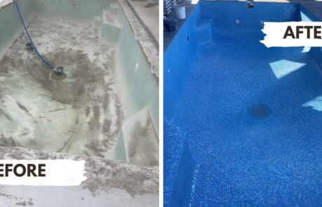 Before and after comparison of an untiled pool transformed with premium tiling in Mermaid Waters.