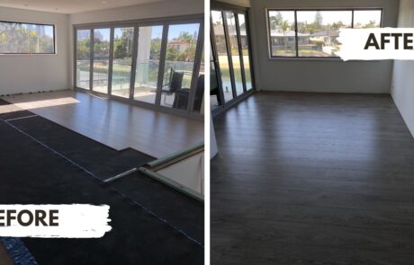 Before and after views of timber flooring installation in an upstairs room in Mermaid Waters.