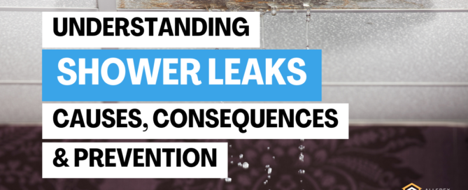 Banner for a comprehensive guide on understanding shower leaks, featuring a visual of water droplets and the title 'Understanding Shower Leaks: Causes, Consequences & Prevention'.